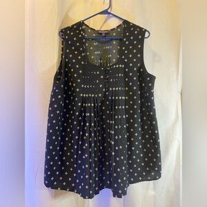 Roaman's Dark Blue Sleeveless Pintuck Top with White Floral Motif